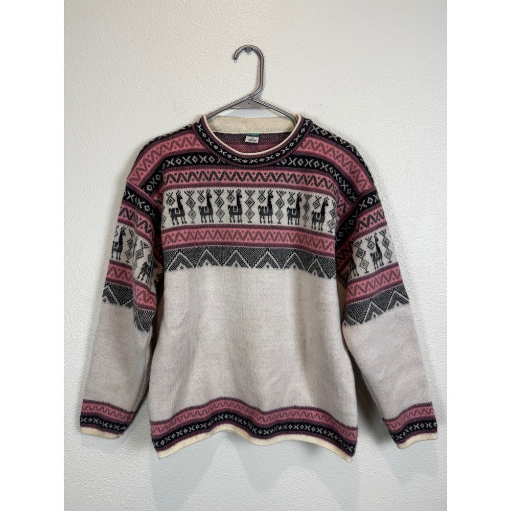 Llama Corp Sweater Unisex Small Pink Cream Alpaca Wool Fair Isle Llama Knit